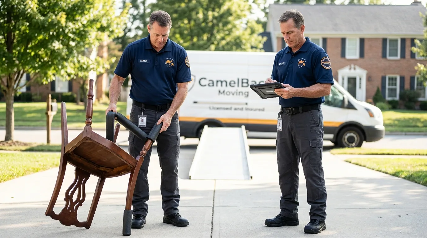 Movers inspecting furniture for damage prevention before loading in Annville, PA