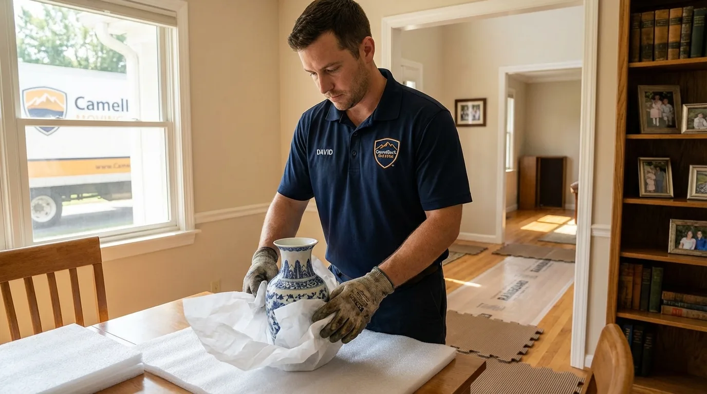Professional crew carefully wrapping antique vase for senior downsizing move in Annville, PA